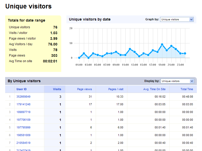 The number of unique visitors by the hour